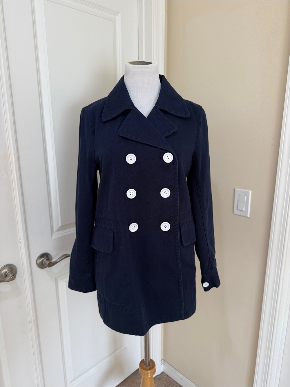 J. Crew Double Breasted Classic Twill Chino Heavyweight Cotton Peacoat Size 8 - Picture 3 of 10
